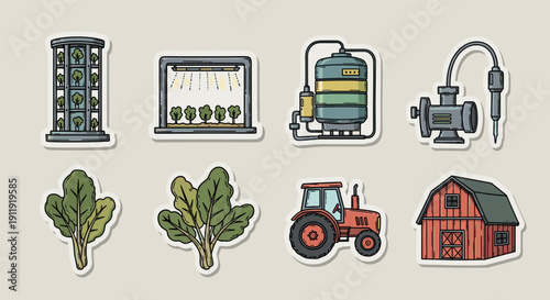 A collection of farming and agriculture icons including a tractor, barn, greenhouse, and irrigation system in colorful vector style, ideal for agricultural themes and rural projects