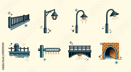A collection of urban elements including bridges, lamps, and a pier in flat modern vector style, ideal for cityscape designs