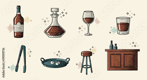 A collection of bar elements including a whiskey bottle, decanter, glasses, and bar tools in vintage vector style, perfect for cocktail menus and bar branding