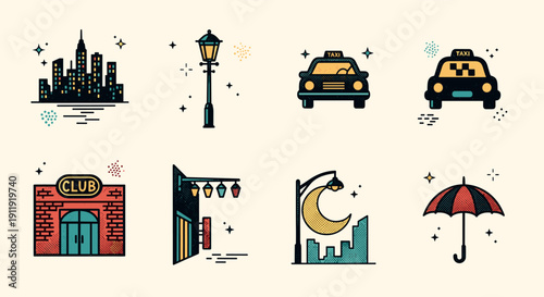 A collection of urban icons including taxis, a club, streetlamps, and an umbrella in modern vector style, perfect for travel and nightlife themes