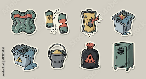 A collection of colorful hazard waste and pollution stickers in modern cartoon style, ideal for environmental awareness campaigns