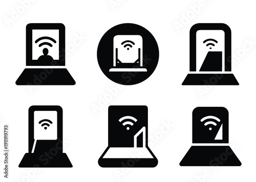 Conceptual set of six modern wireless router icons, symbolic digital connectivity