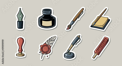 A collection of vintage writing tools including a quill, ink bottle, and pens in colorful vector style, perfect for stationery design and creative projects