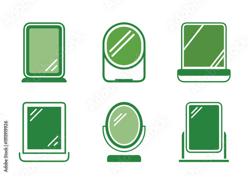 Green mirror icons set with different shapes on white background