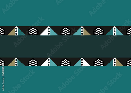 Abstract geometric pattern with horizontal bands of triangles and chevrons on a teal background.