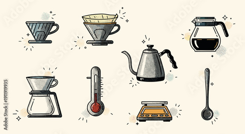 A collection of coffee brewing tools including a kettle, dripper, scale, thermometer, and cups in a modern hand-drawn vector style, ideal for coffee shop branding and menus