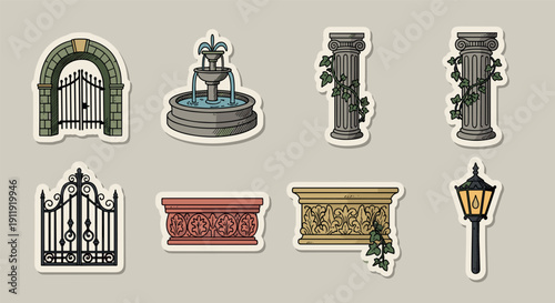 A collection of decorative architectural elements including a fountain, gate, lamp post, and columns in vintage vector style, ideal for landscaping or design projects