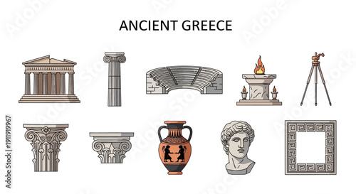 Set of ten icons representing ancient Greek architecture artifacts and sculpture