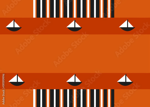 Stylized nautical pattern featuring small sailboats on orange bands with vertical stripes.