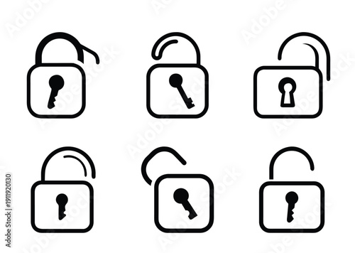 Six different black and white unlock symbols showcasing various padlock configurations