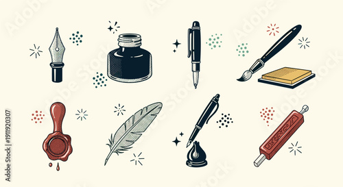 A collection of writing instruments including pens, ink bottles, and a feather quill in colorful vintage vector style, perfect for art and stationery designs