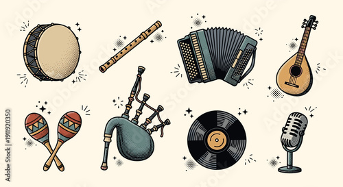 A collection of musical instruments including a drum, flute, accordion, bagpipes, guitar, vinyl record, and microphone in a colorful vintage style, perfect for music-themed projects