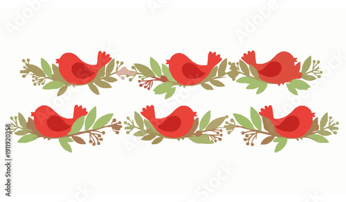 Cartoon Red Birds Floral Berry Seamless Frame Border Vector