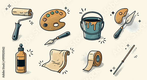 A collection of painting tools including a paint roller, palette, ink bucket, and brushes in flat modern vector style, suitable for art and design projects