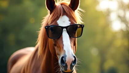 Brown horse wears black sunglasses outdoors. Animal has white stripe on face and fluffy mane. Green bokeh background suggests summer or park setting.