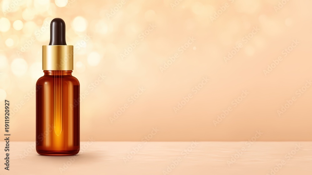 Naklejka premium A sleek amber dropper bottle against a soft, blurred background, highlighting beauty and skincare themes.