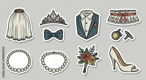A collection of wedding attire and accessories including a bridal dress, groom's suit, crown, bowtie, and floral decorations in colorful vector style, perfect for wedding invitations and decorations