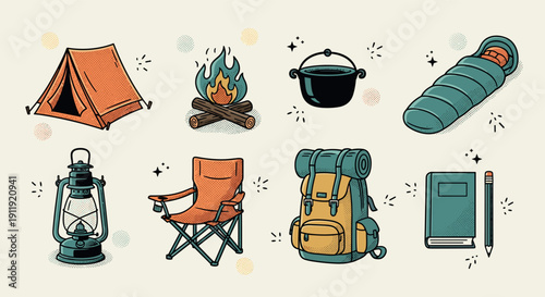 A collection of camping and outdoor gear icons including a tent, campfire, backpack, and lantern in flat vector style, perfect for adventure and travel themes