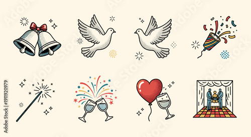 A collection of festive icons including wedding bells, doves, fireworks, and champagne glasses in a colorful vector style, ideal for celebration themes and event invitations.