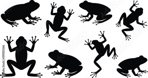 Silhouettes of frogs in various poses, leaping, crouching, climbing, extended limbs, webbed feet, amphibian movement illustration design