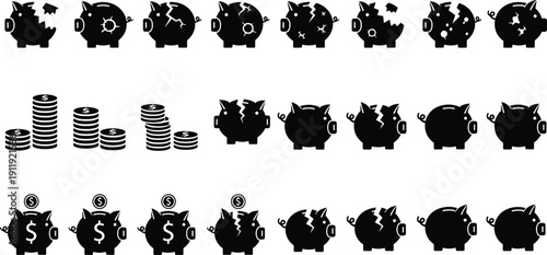 Large collection of black piggy bank silhouettes and dollar coin stacks featuring various broken and intact savings icons isolated on white background for financial design.
