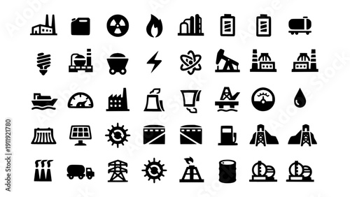 A collection of industrial and factory icons representing manufacturing, energy, and production concepts.