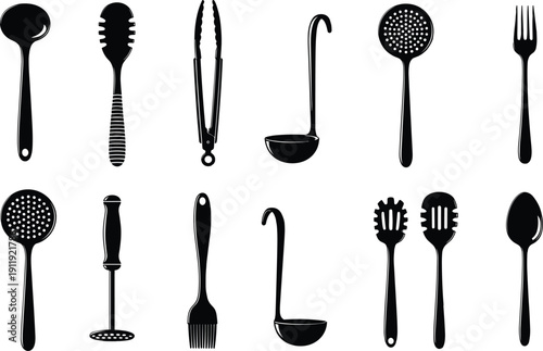 Large set of black kitchen utensil silhouettes featuring ladle, tongs, whisk, spatula, pasta server, and slotted spoon for culinary, cooking, and restaurant menu designs.