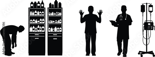 Vector set of black medical silhouettes featuring doctor, patient, pharmacy shelves with medicine bottles, and IV drip stand, isolated on white background