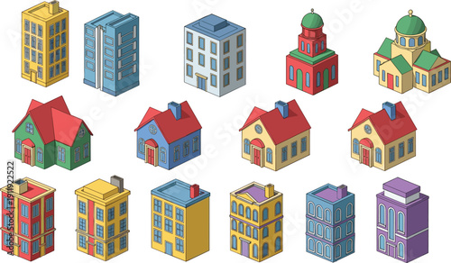 Large set of colorful isometric building icons featuring residential houses, modern skyscrapers, apartment blocks, and city architecture for urban planning and real estate design concepts.