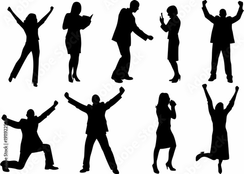 Silhouettes of celebrating people in various dynamic poses and business attire