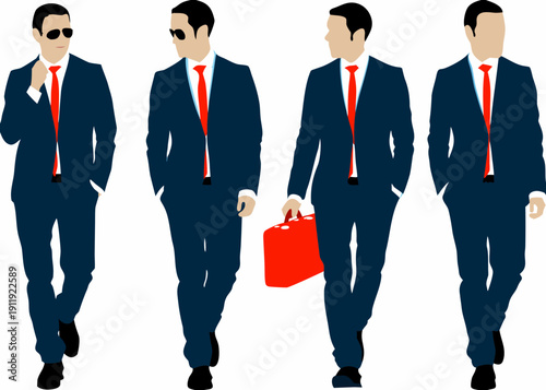 Four stylized men in suits walking one carrying a red briefcase