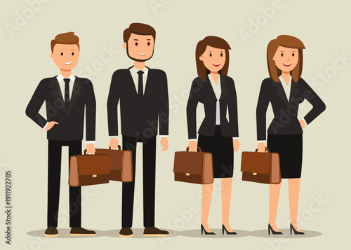 Four business professionals stand in a row formally dressed