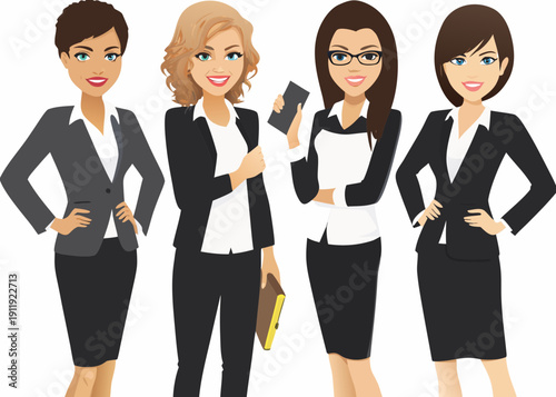 Four professional women in business attire standing in a row