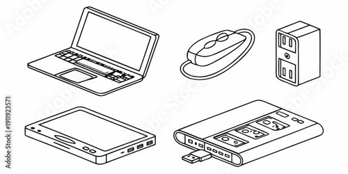 A versatile collection of modern electronic devices and essential tech gadgets for everyday connectivity and productivity, presented in clean isometric line art