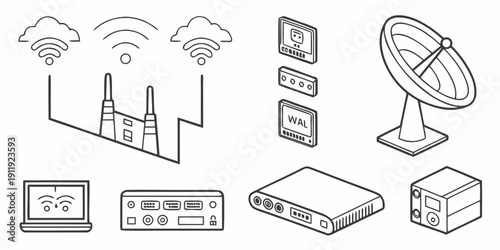 Diverse collection of modern technology and communication icons, including laptops, routers, and satellite dishes, showcasing connectivity and digital networks
