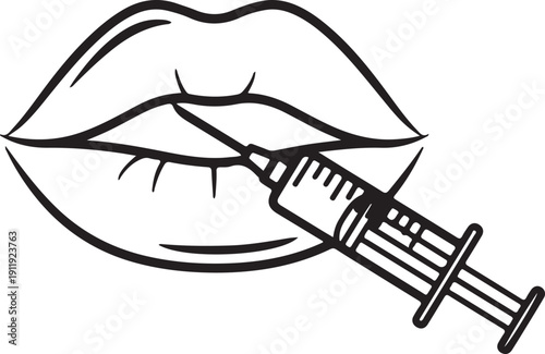 Black and white of lips with a syringe injection medical