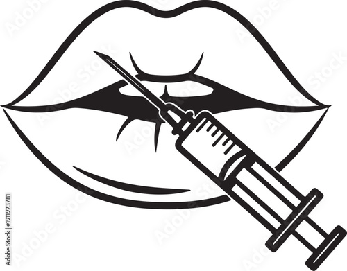 Black and white of lips with a syringe injecting injection medical