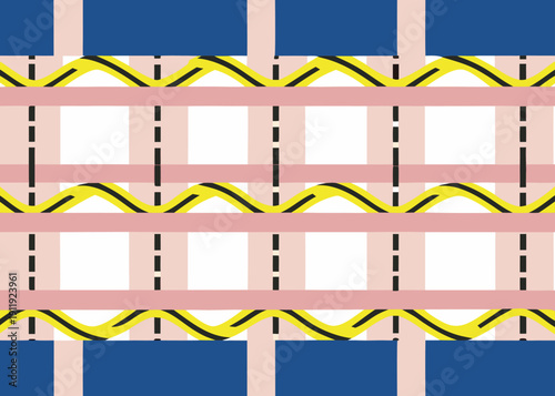 Abstract geometric pattern with pink bands yellow wavy lines and blue rectangles on a grid