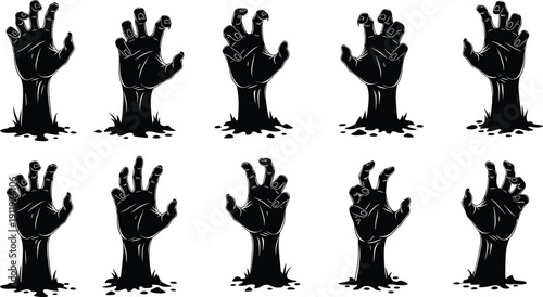 Spooky Halloween Zombie Hand Silhouette Set Featuring Creepy Undead Arms Rising From Grave for Horror Party Decor and Scary Invitations, cad drawing flat vector illustration