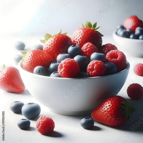 A small clean bowl filled with fresh strawberries, raspberries, and blueberries, minimalistic and clean background, soft lighting