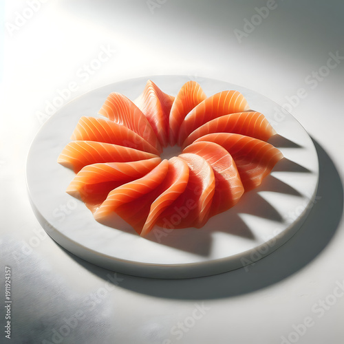Thin slices of smoked salmon arranged neatly on a white plate, soft shadows, minimal neutral background