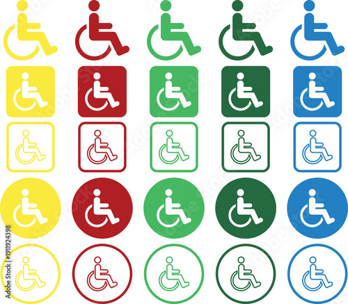 Vector set of accessibility icons depicting a person in a wheelchair, presented in five distinct color variations: yellow, red, green, dark green, and blue, with solid, square