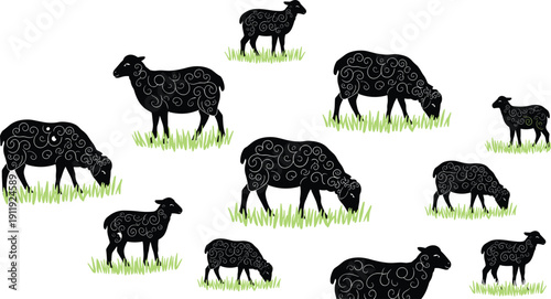 Black Sheep and Lamb Silhouette Vector Set, Grazing Farm Livestock Animals on Grass Isolated on White Background