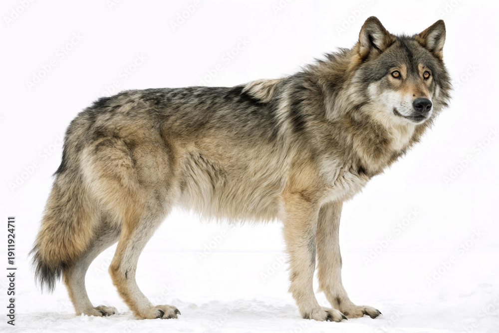 Obraz premium Majestic gray wolf standing alert in snow with thick fur and piercing gaze.