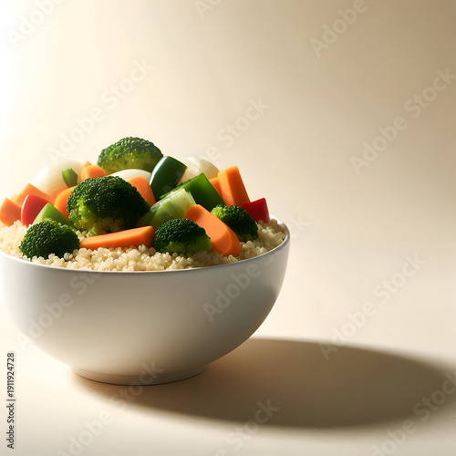 A clean white bowl filled with quinoa and steamed vegetables, placed against a soft beige background, minimalist food styling