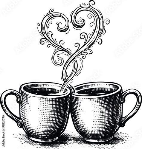 Black and White Hand-Drawn Coffee Mugs with Heart Steam Illustration