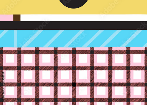 Abstract geometric pattern with colorful horizontal bands and a pink grid design