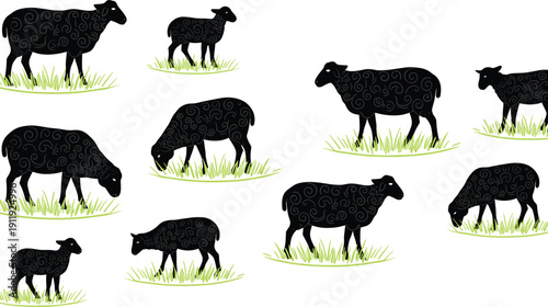 Black Sheep Silhouette Vector Collection, Farm Animal Grazing on Grass Illustration Set Isolated on White Background