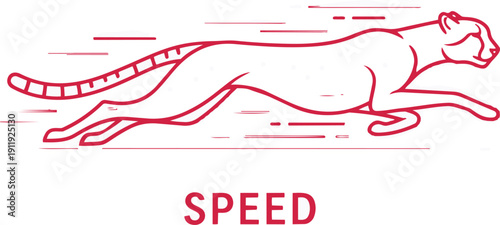 A pink line drawing of a cheetah running fast with the word speed