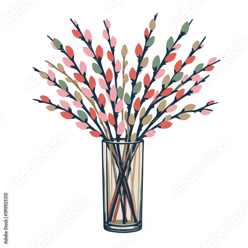 Colorful branches in a glass vase on a white background  